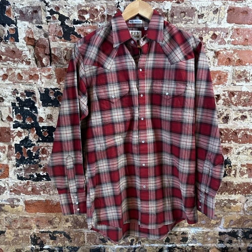 Ely Cattleman Shirt Long Sleeve Pocket Rockabilly Western Snap Red Mens Medium